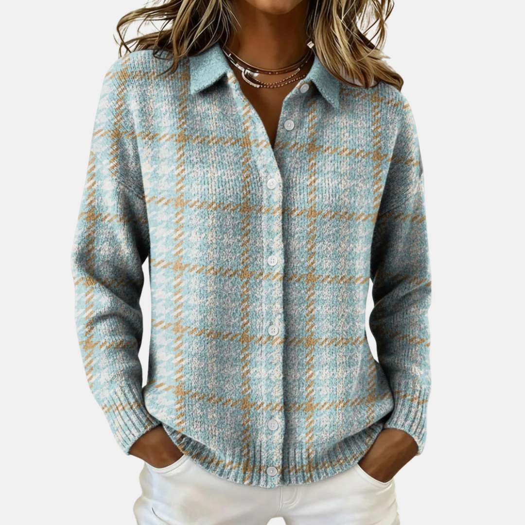 Clara | Sky Plaid Button Knit